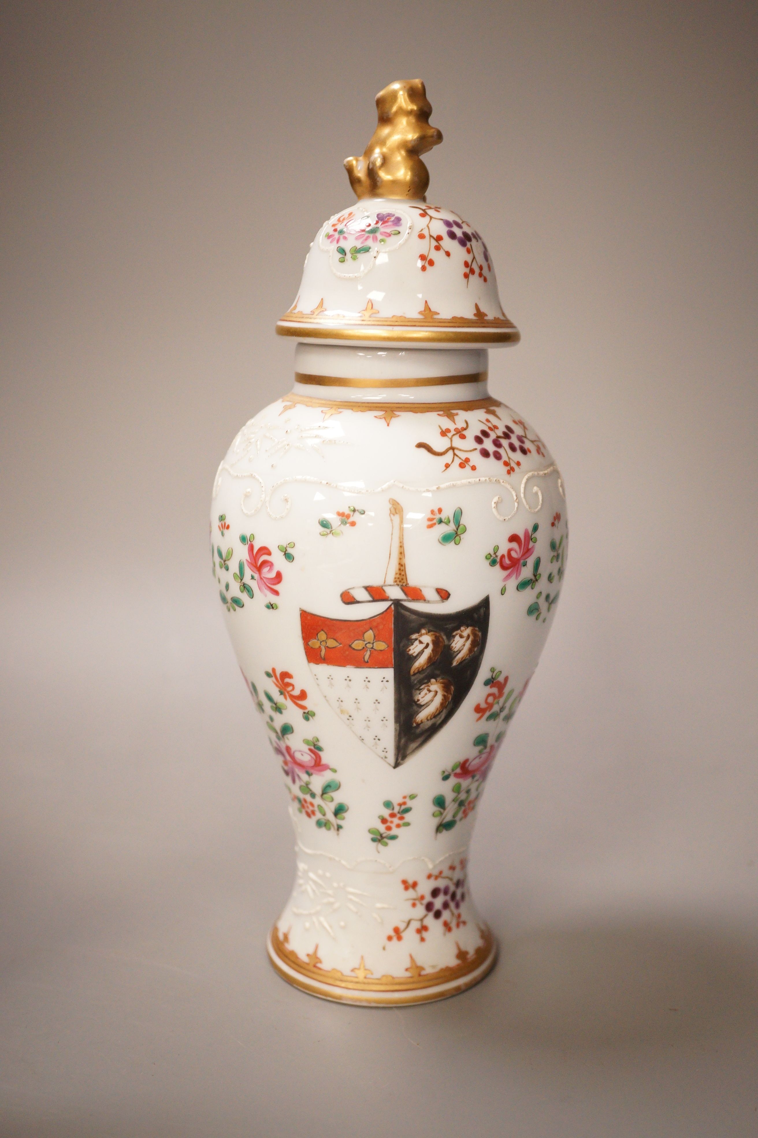 A Samson lidded Chinese armorial style baluster vase and a similar teapot, 23cm